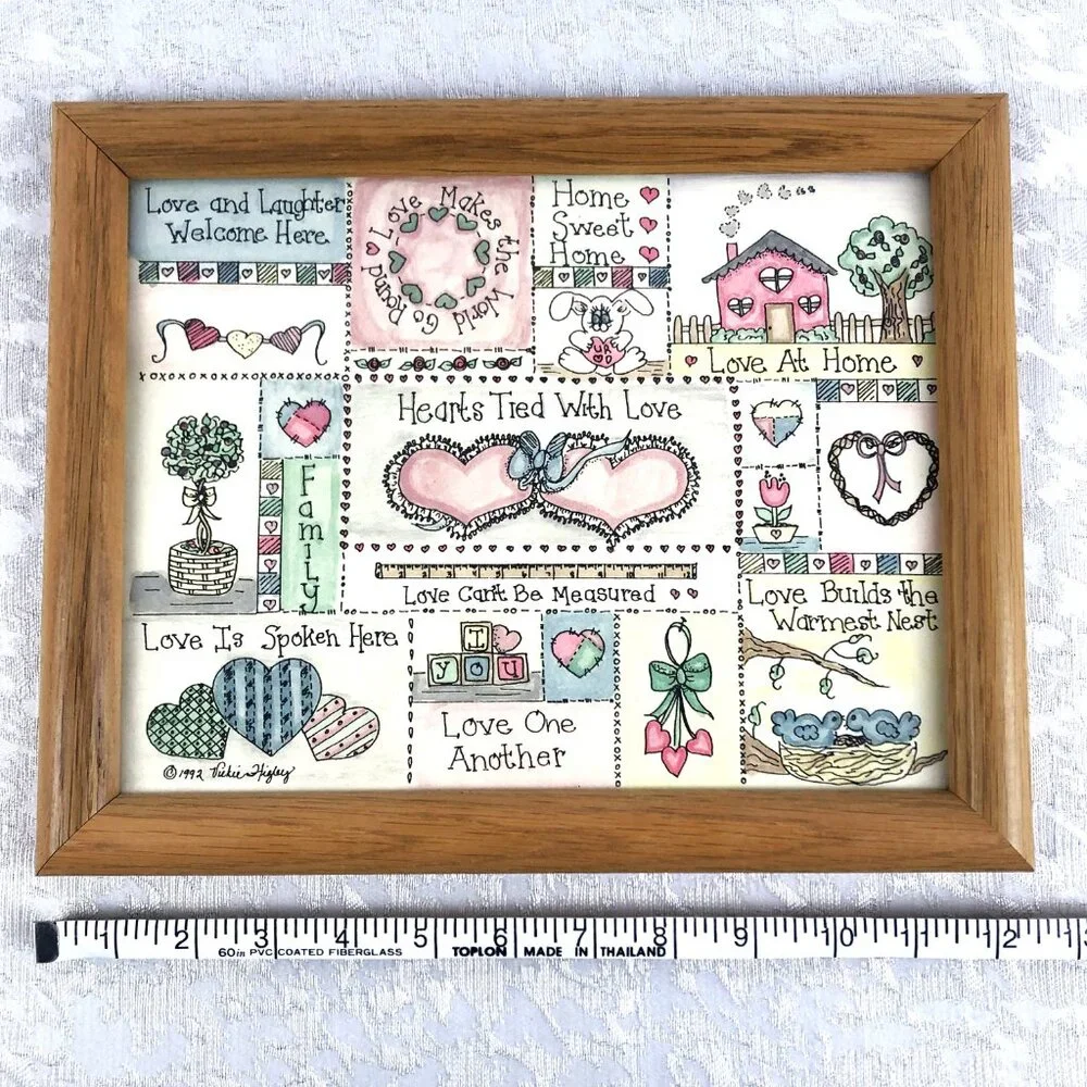 Vintage 1992 Mixed Media Love Framed Art Hand-Colored Signed 12½”x10” Wall Decor